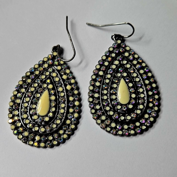 Black Gray Tone Purple Rhinestoned Tan Enamel Teardrop Earrings - Picture 9 of 15